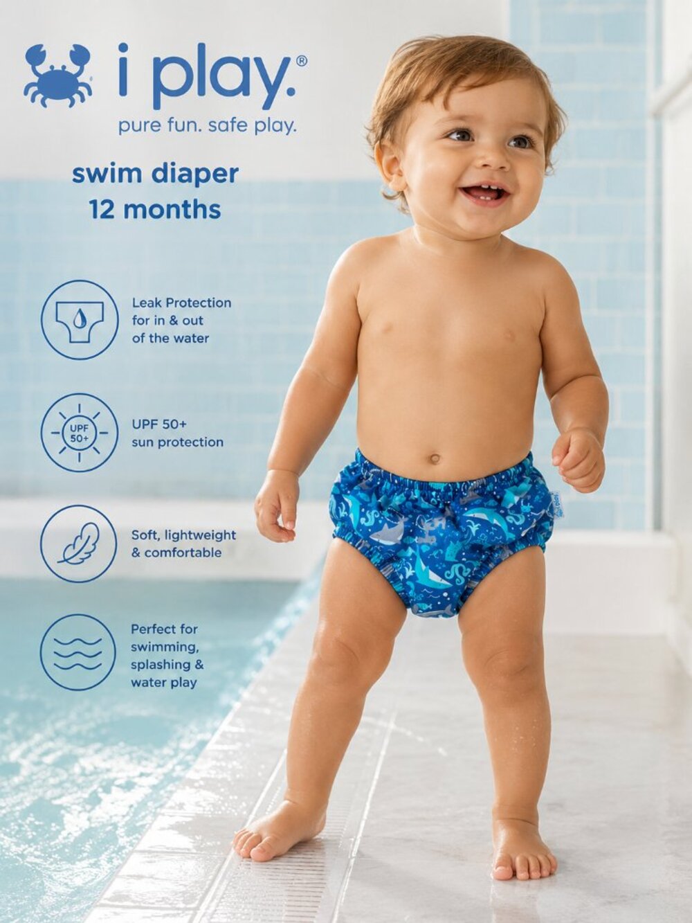 i play. Baby Swim Diaper 12 Months Blue Ocean Shark Print Reusable EUC